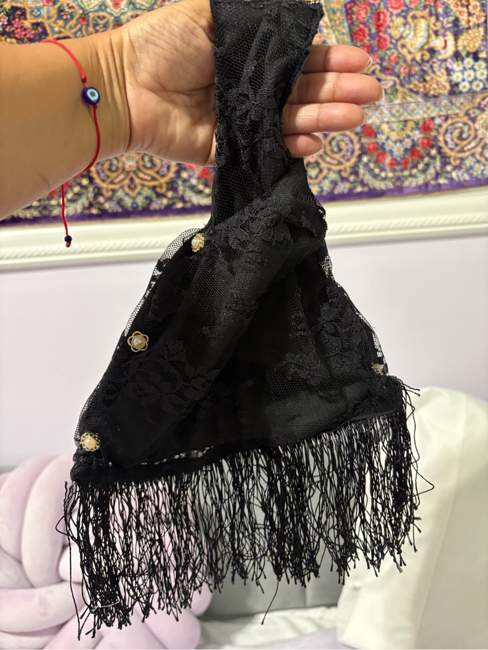 Black Lace Fringe Evening Japanese- knot bag